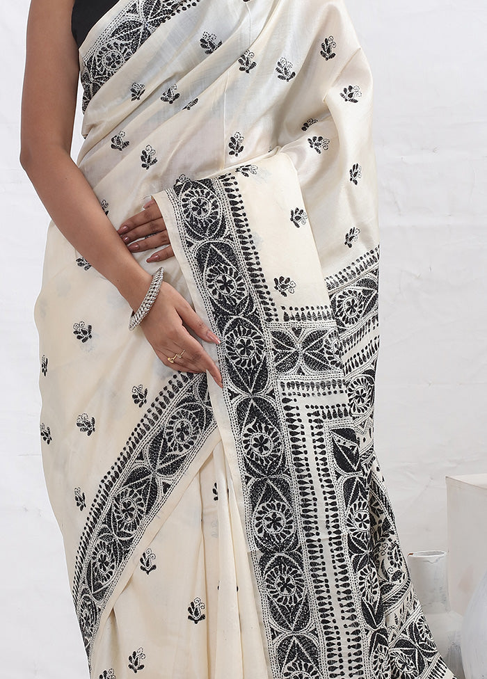 Cream Kantha Stitch Pure Silk Saree With Blouse Piece - Indian Silk House Agencies