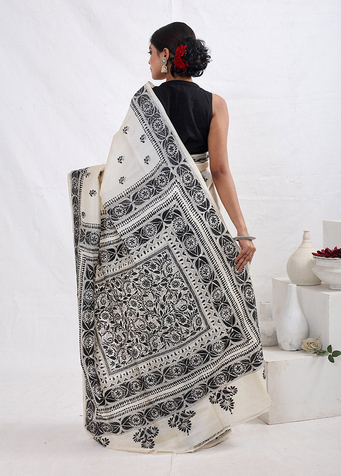 Cream Kantha Stitch Pure Silk Saree With Blouse Piece - Indian Silk House Agencies