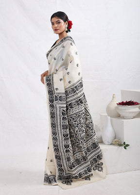 Cream Kantha Stitch Pure Silk Saree With Blouse Piece - Indian Silk House Agencies