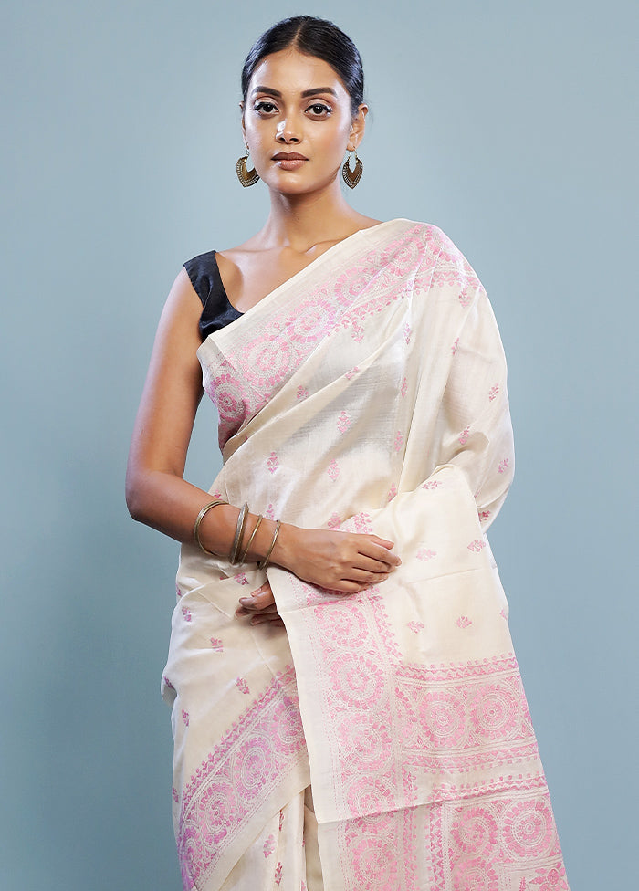 Cream Kantha Stitch Pure Silk Saree With Blouse Piece - Indian Silk House Agencies