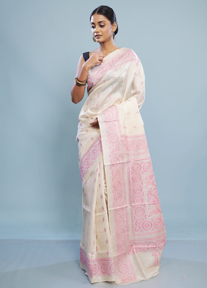 Cream Kantha Stitch Pure Silk Saree With Blouse Piece - Indian Silk House Agencies