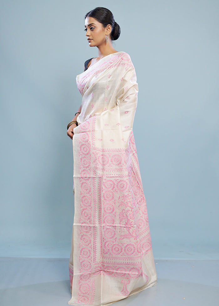 Cream Kantha Stitch Pure Silk Saree With Blouse Piece - Indian Silk House Agencies