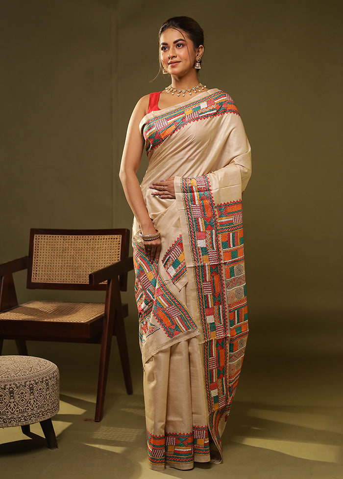 Cream Handloom Kantha Stitch Pure Silk Saree With Blouse Piece