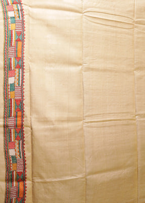 Cream Handloom Kantha Stitch Pure Silk Saree With Blouse Piece