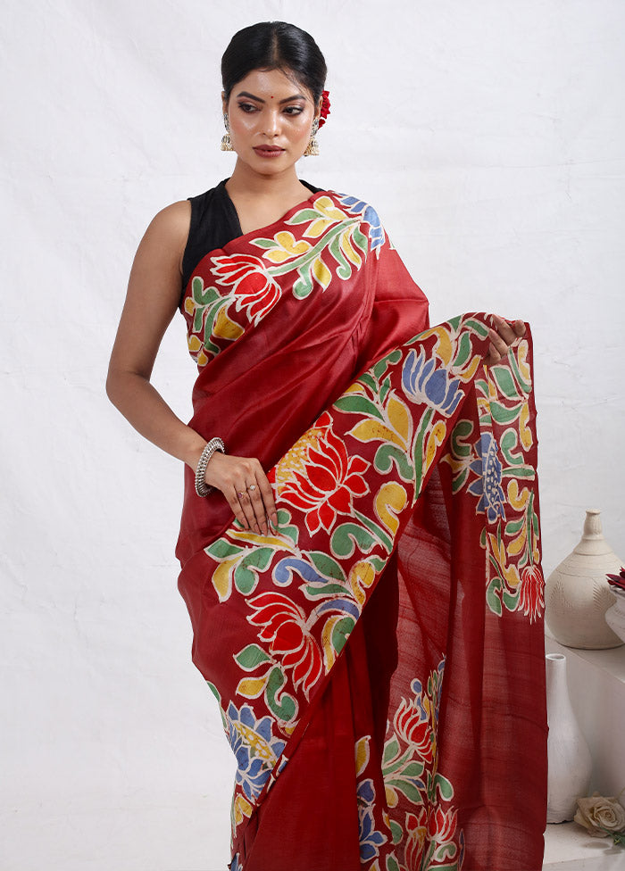 Red Printed Pure Silk Saree With Blouse Piece - Indian Silk House Agencies