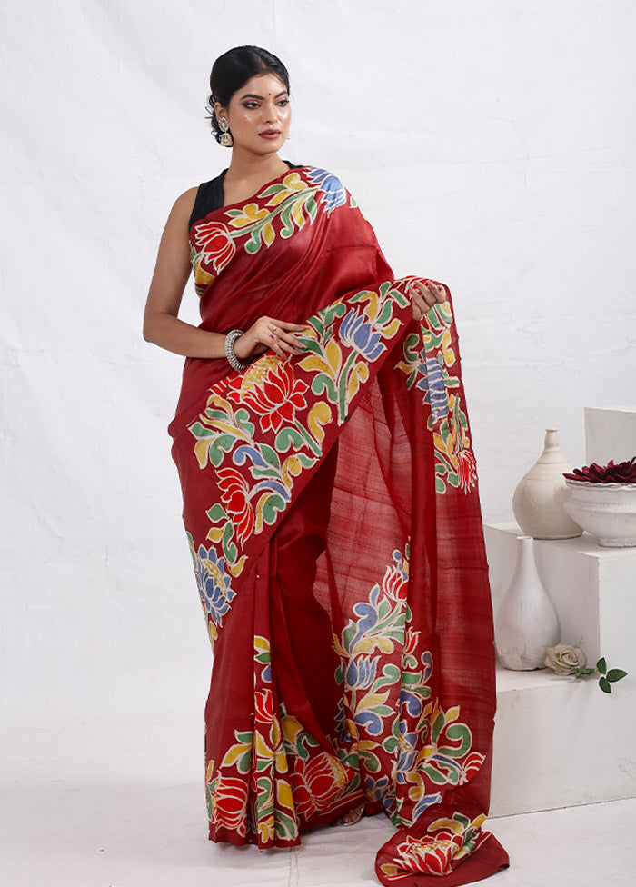 Red Printed Pure Silk Saree With Blouse Piece - Indian Silk House Agencies