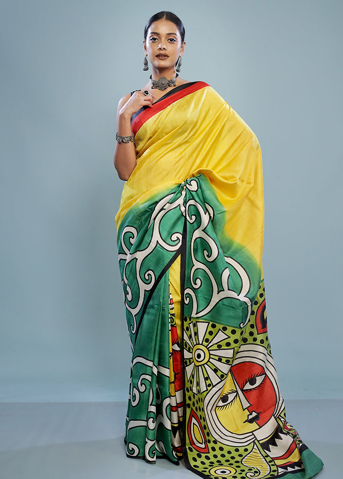 Yellow Printed Pure Silk Saree With Blouse Piece - Indian Silk House Agencies