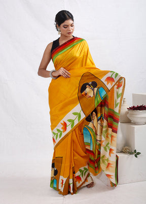 Yellow Printed Pure Silk Saree With Blouse Piece - Indian Silk House Agencies