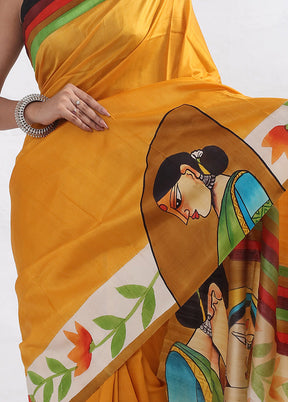 Yellow Printed Pure Silk Saree With Blouse Piece - Indian Silk House Agencies