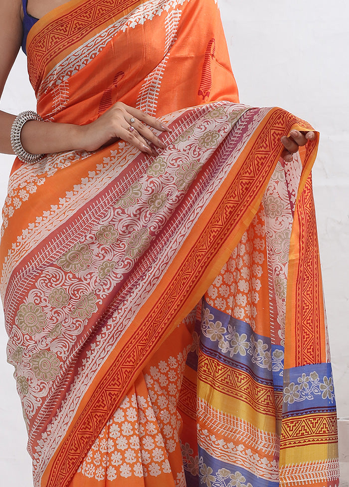 Orange Printed Pure Silk Saree With Blouse Piece - Indian Silk House Agencies