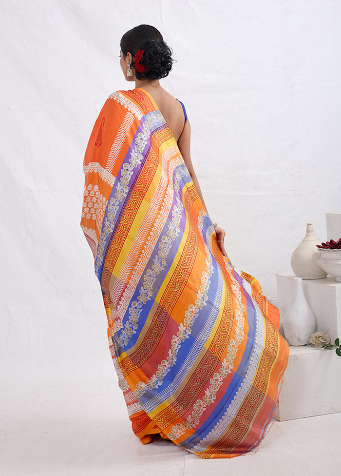 Orange Printed Pure Silk Saree With Blouse Piece - Indian Silk House Agencies