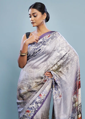 Grey Printed Pure Silk Saree With Blouse Piece - Indian Silk House Agencies