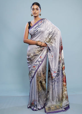 Grey Printed Pure Silk Saree With Blouse Piece - Indian Silk House Agencies