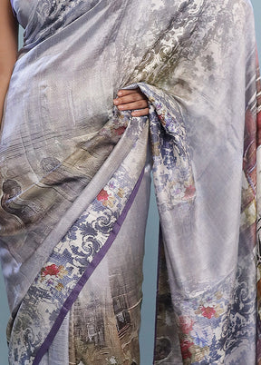 Grey Printed Pure Silk Saree With Blouse Piece - Indian Silk House Agencies