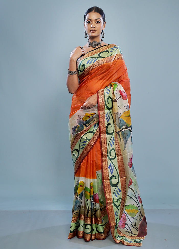 Orange Printed Pure Silk Saree With Blouse Piece - Indian Silk House Agencies