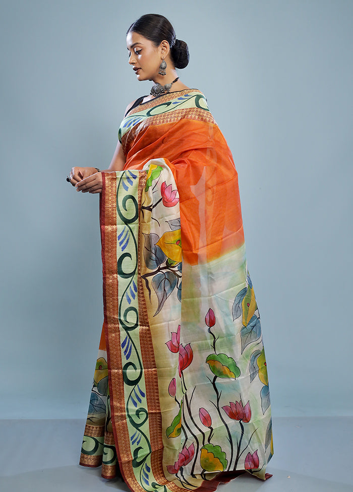 Orange Printed Pure Silk Saree With Blouse Piece - Indian Silk House Agencies