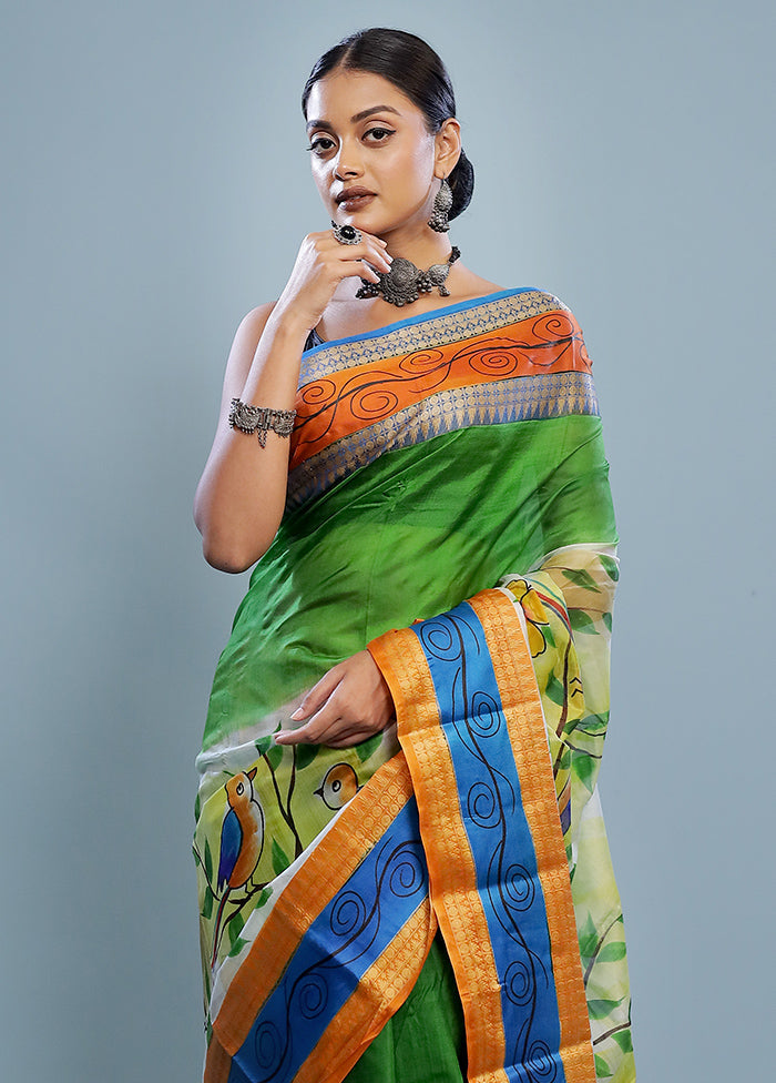 Green Printed Pure Silk Saree With Blouse Piece - Indian Silk House Agencies