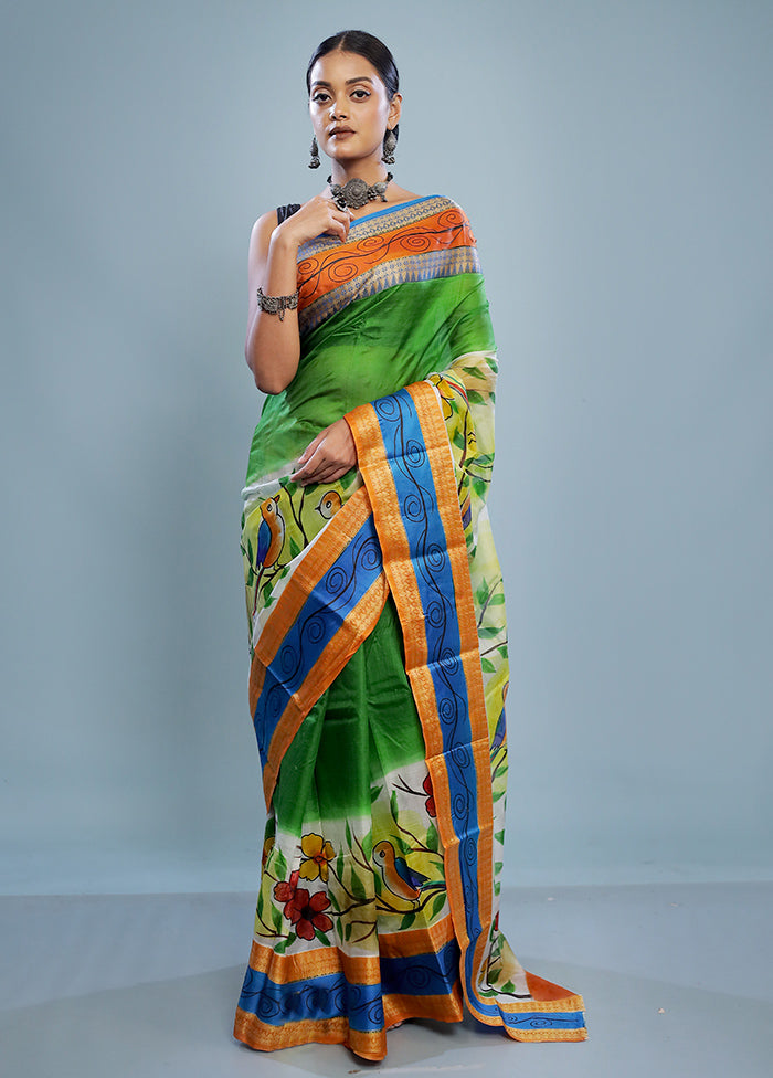 Green Printed Pure Silk Saree With Blouse Piece - Indian Silk House Agencies