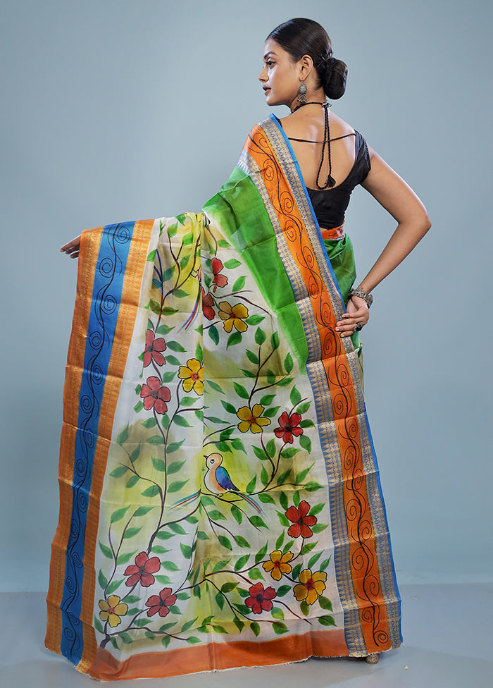 Green Printed Pure Silk Saree With Blouse Piece - Indian Silk House Agencies