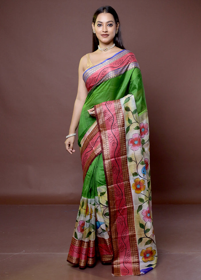 Green Printed Pure Silk Saree Without Blouse Piece