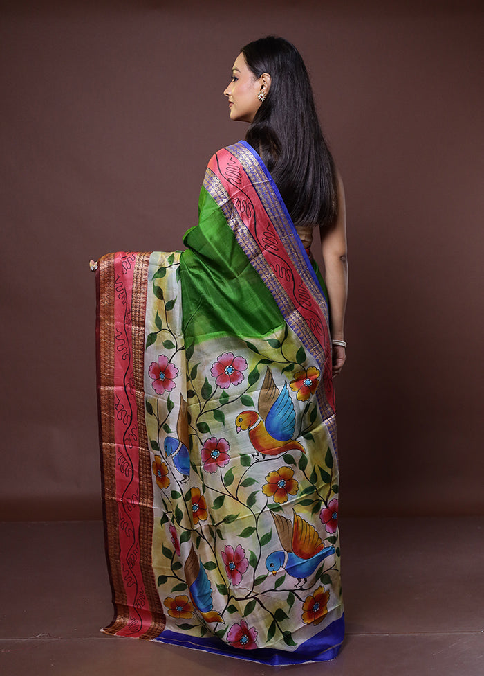 Green Printed Pure Silk Saree Without Blouse Piece