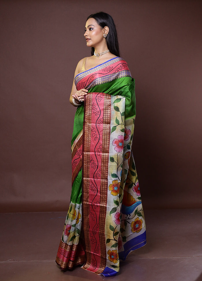 Green Printed Pure Silk Saree Without Blouse Piece