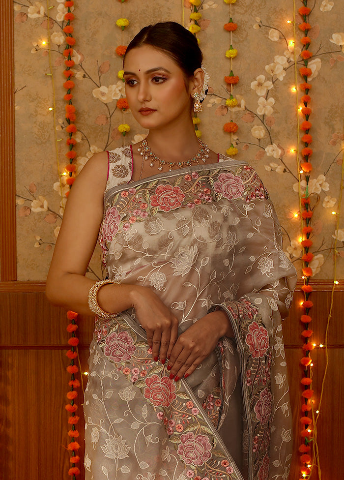 Grey Pure Organza Saree With Blouse Piece - Indian Silk House Agencies