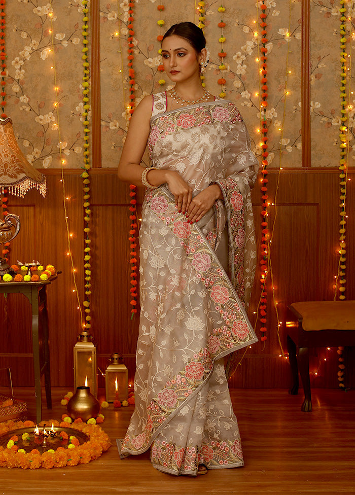 Grey Pure Organza Saree With Blouse Piece - Indian Silk House Agencies