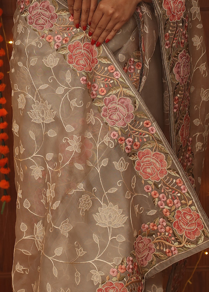 Grey Pure Organza Saree With Blouse Piece - Indian Silk House Agencies