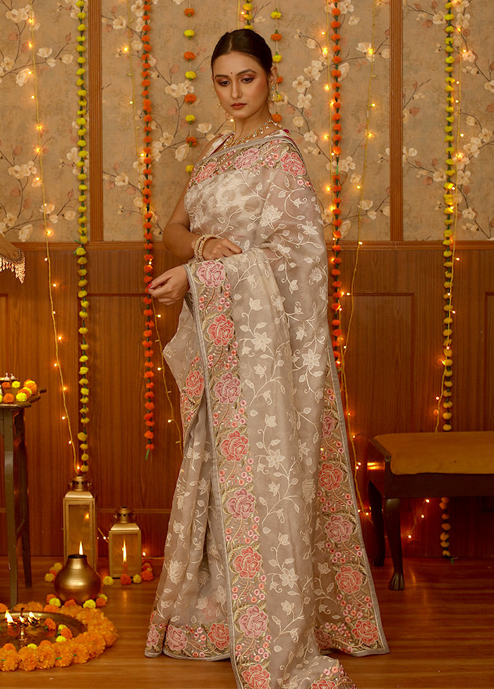 Grey Pure Organza Saree With Blouse Piece - Indian Silk House Agencies