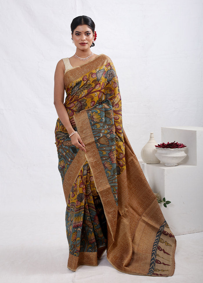 Yellow Tussar Pure Silk Saree With Blouse Piece - Indian Silk House Agencies