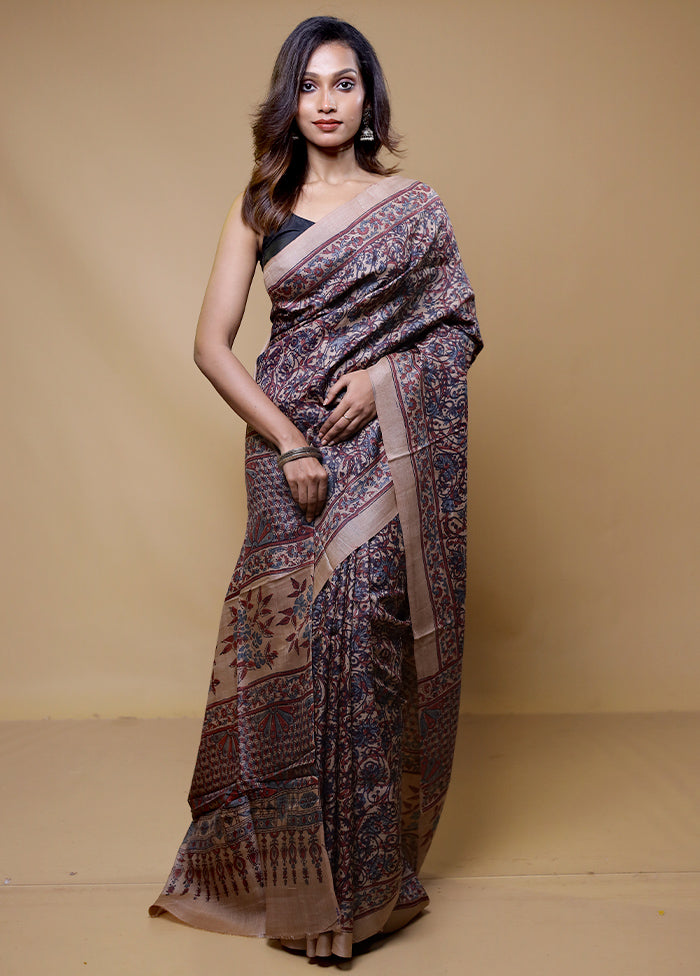 Cream Handloom Tussar Pure Silk Saree With Blouse Piece