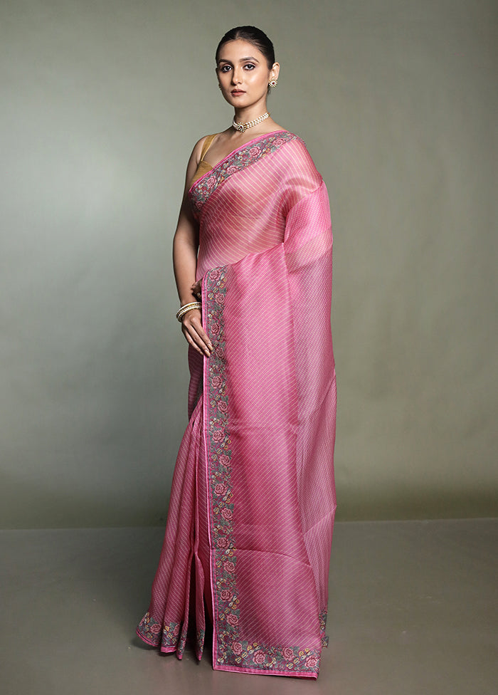 Pink Handloom Pure Organza Saree With Blouse Piece