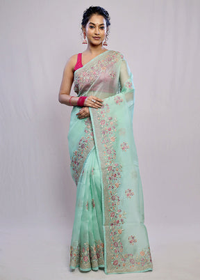 Green Pure Organza Saree With Blouse Piece - Indian Silk House Agencies