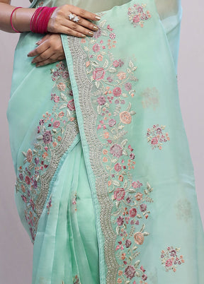 Green Pure Organza Saree With Blouse Piece - Indian Silk House Agencies