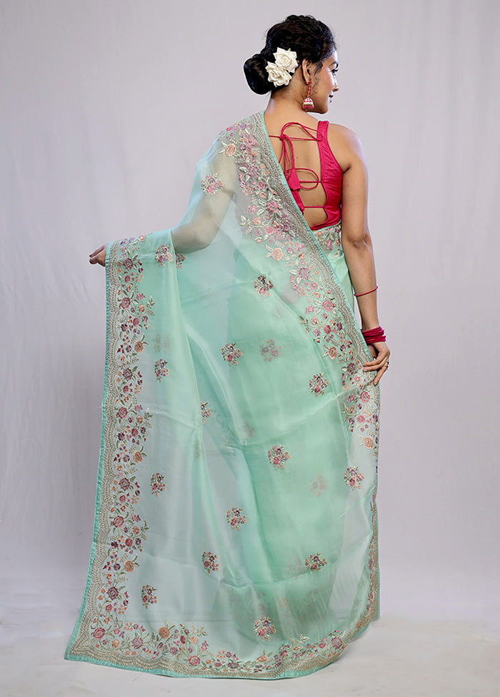 Green Pure Organza Saree With Blouse Piece - Indian Silk House Agencies