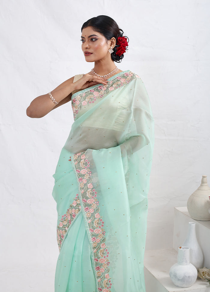 Green Pure Organza Saree With Blouse Piece - Indian Silk House Agencies