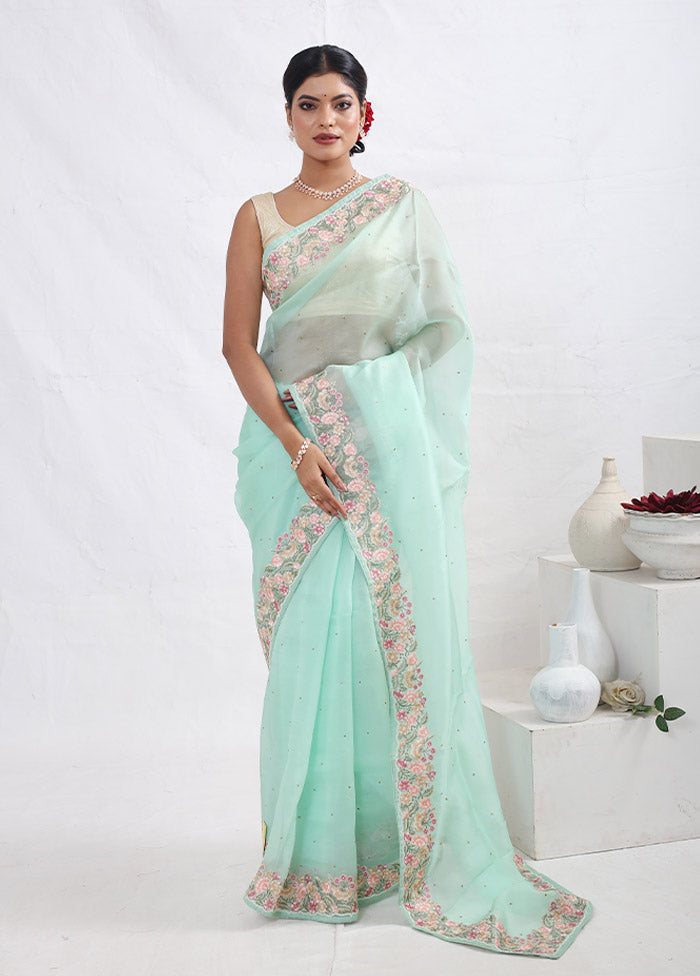 Green Pure Organza Saree With Blouse Piece - Indian Silk House Agencies