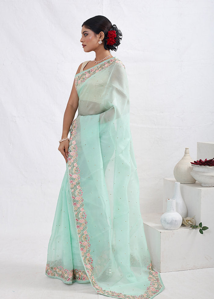 Green Pure Organza Saree With Blouse Piece - Indian Silk House Agencies