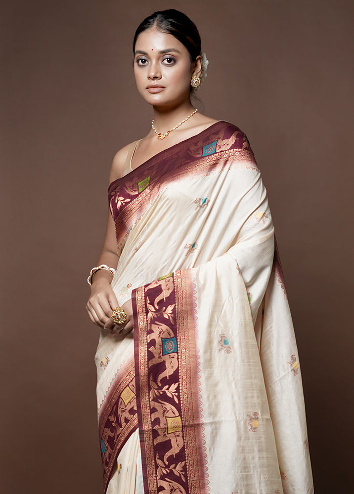 Cream Dupion Silk Saree With Blouse Piece