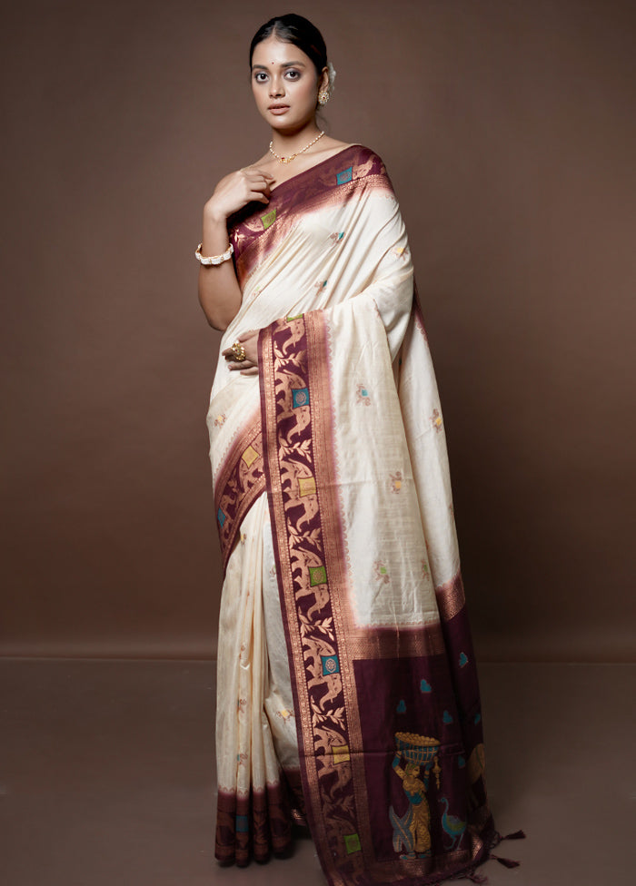 Cream Dupion Silk Saree With Blouse Piece