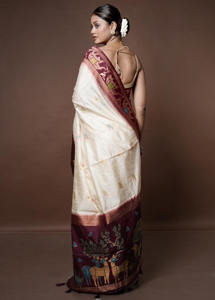 Cream Dupion Silk Saree With Blouse Piece