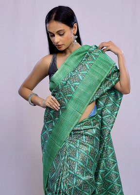 Green Printed Pure Silk Saree With Blouse Piece - Indian Silk House Agencies