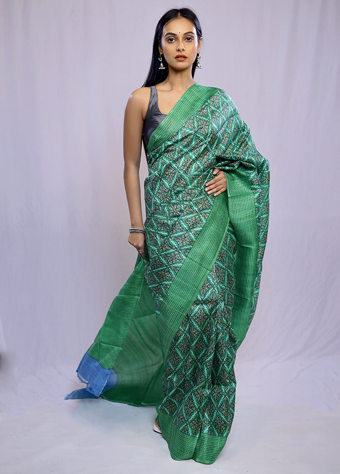 Green Printed Pure Silk Saree With Blouse Piece - Indian Silk House Agencies