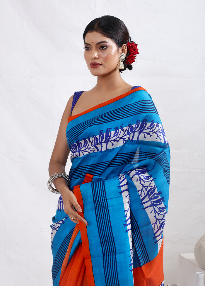 Blue Printed Pure Silk Saree With Blouse Piece - Indian Silk House Agencies