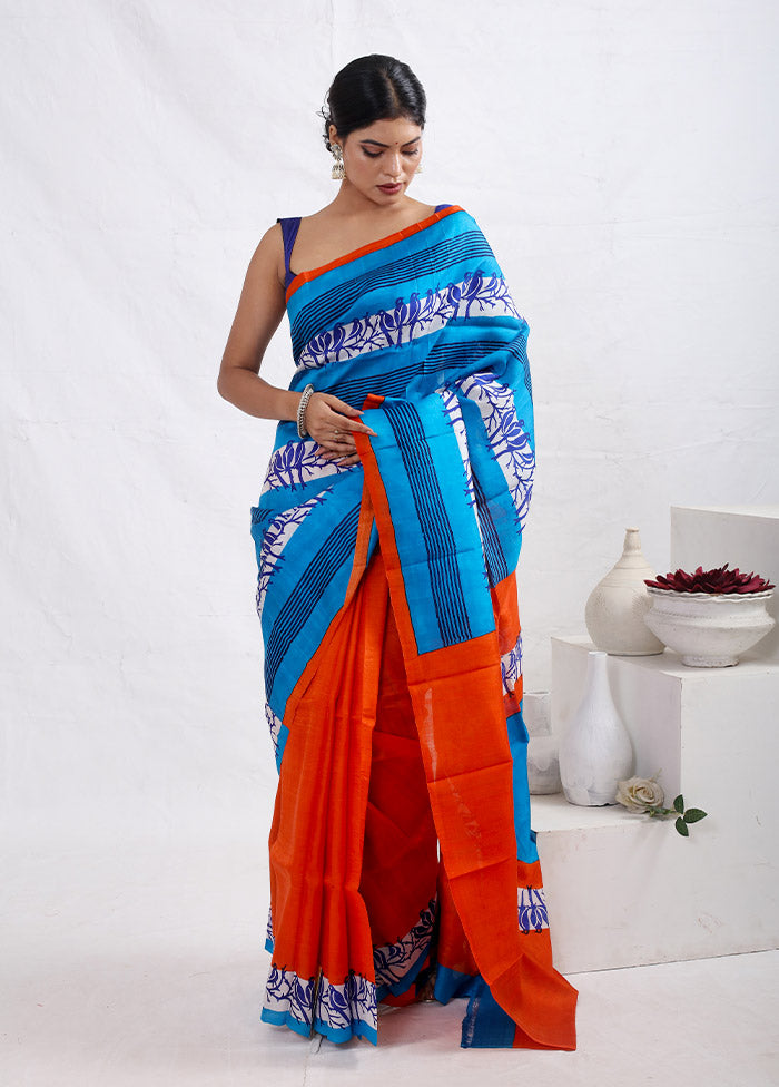 Blue Printed Pure Silk Saree With Blouse Piece - Indian Silk House Agencies