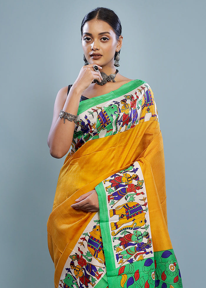 Yellow Printed Pure Silk Saree With Blouse Piece - Indian Silk House Agencies