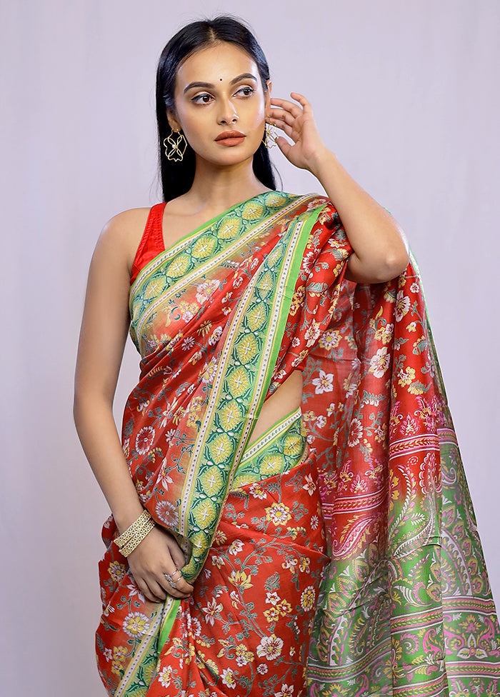 Maroon Printed Pure Silk Saree With Blouse Piece - Indian Silk House Agencies