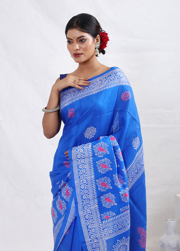 Blue Printed Pure Silk Saree With Blouse Piece - Indian Silk House Agencies