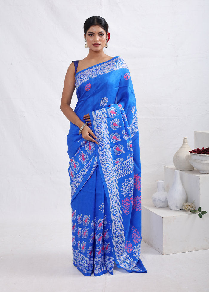 Blue Printed Pure Silk Saree With Blouse Piece - Indian Silk House Agencies